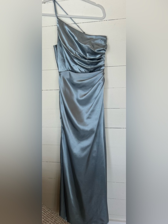 Signature Dresses & Skirts - Galina Signature One-Shoulder Satin Gown in Steel Blue Size 2